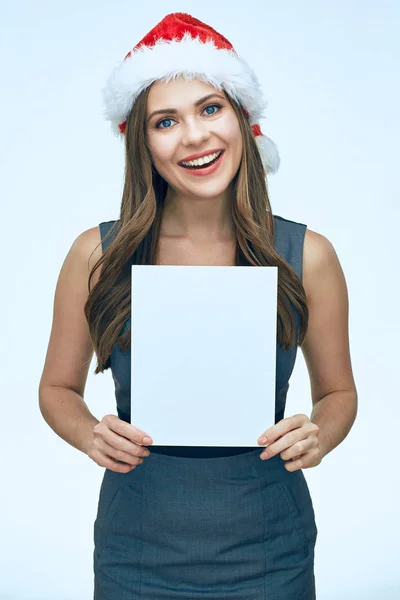 Smiling Business Woman Santa Hat Holding White Blank Advertising Banner — Stock Photo, Image