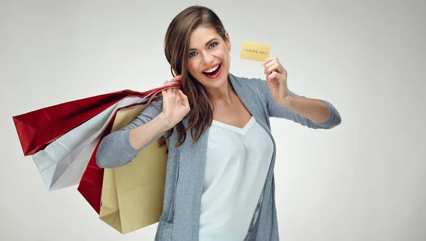 Casual Vestida Mujer Feliz Sosteniendo Bolsas Compras Tarjeta Crédito Para —  Fotos de Stock