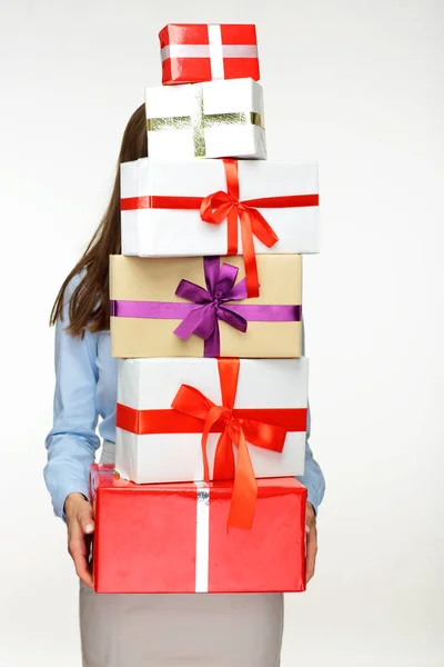 Businesswoman Hidden Face Holding Big Heap Presents — Stock Photo, Image