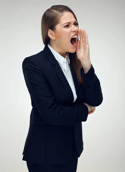 Woman Head Hunter Shouting Hand Mouth Job Finding Concept — Stock Photo, Image