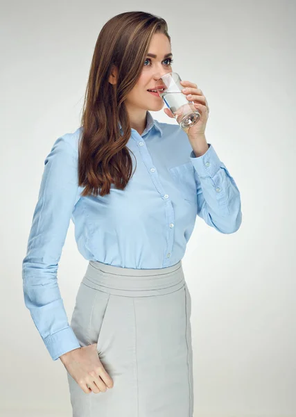 Businesswoman Drinking Water Glass Light Background — Stock Photo, Image