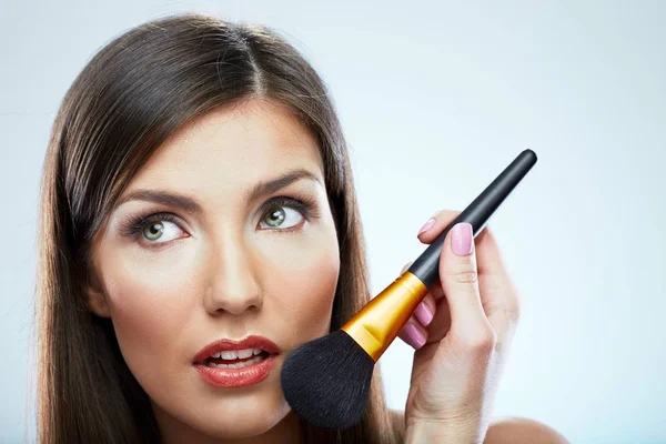 Portrait Young Adult Woman Holding Brush Applying Powder — Stock Photo, Image