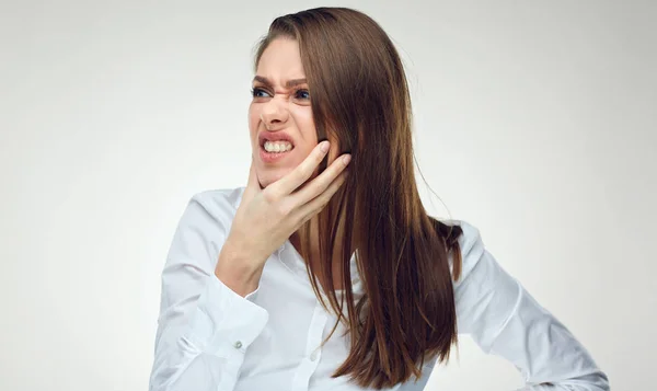 Irritada Morena Empresária Camisa Branca Tocando Rosto Estresse Depressão Parte — Fotografia de Stock