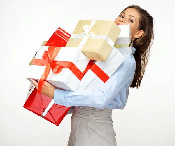 Businesswoman holding big heap, pile, stack of presents, gift bo — Stock Photo, Image