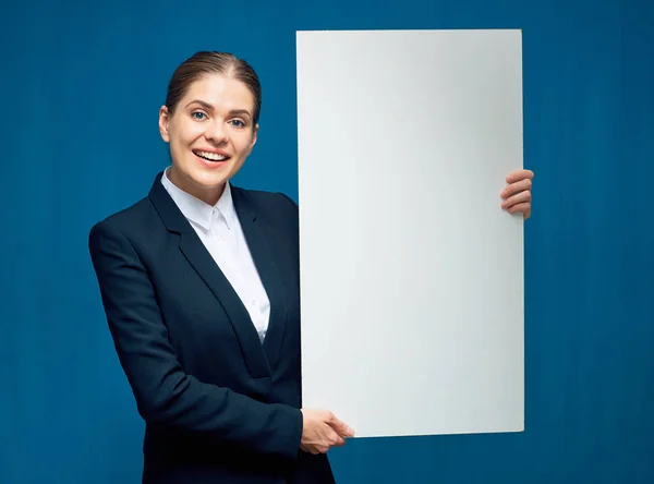 Smiling woman holding big sign board. — Stock Photo, Image