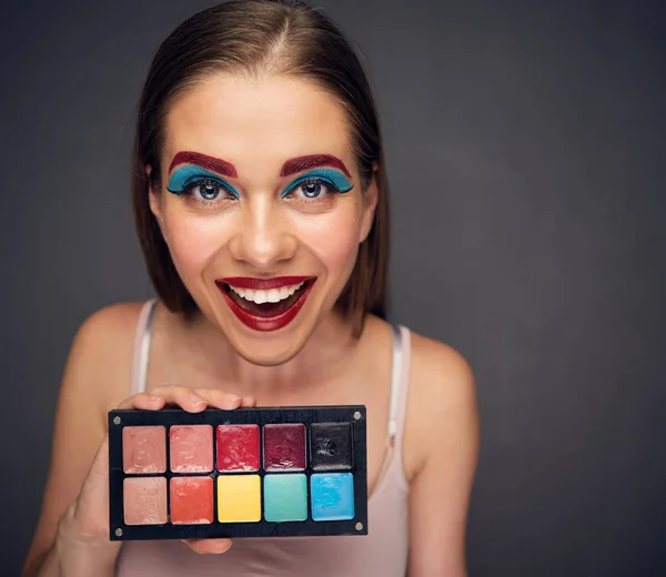 Loco Artista Maquillaje Con Payaso Peor Maquillaje Celebración Paleta Lápiz — Foto de Stock