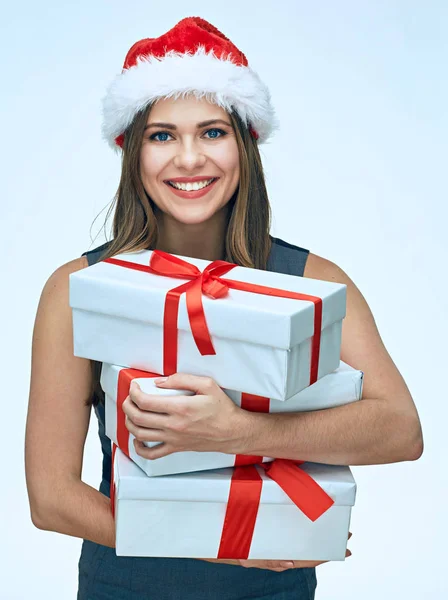 Young Businesswoman Grey Dress Red Santa Hat Holding Christmas Gifts — Stock Photo, Image