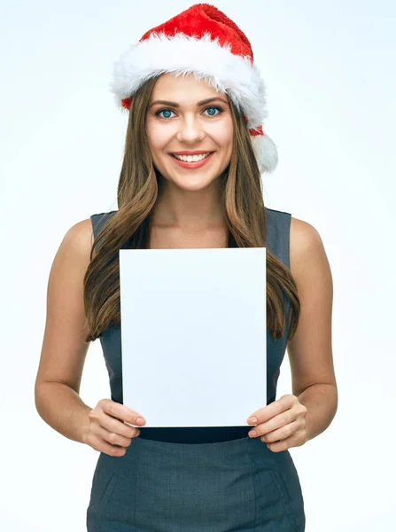 Smiling Businesswoman Grey Dress Red Santa Hat Holding White Blank — Stock Photo, Image