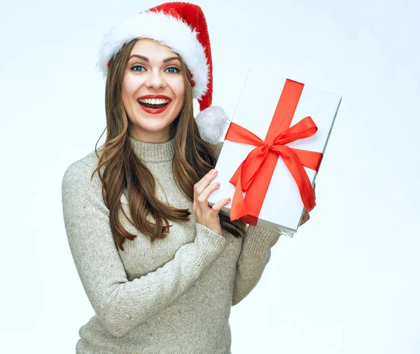 Beautiful Surprised Woman Wearing Santa Hat Holding Gift Box — Stock Photo, Image