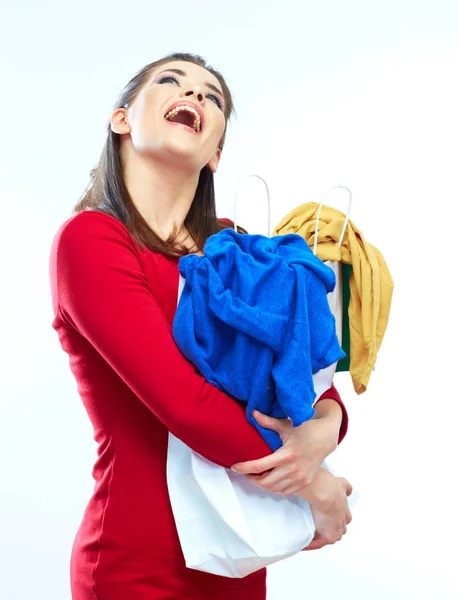 Веселая Женщина Держит Сумку Одеждой Концепция Покупки — стоковое фото