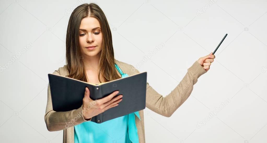 Student or teacher woman pointing on copy space.