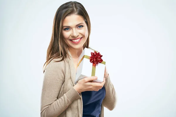 Smiling Woman Wearing Warm Casual Clothes Holding Gift Box — Stock Photo, Image