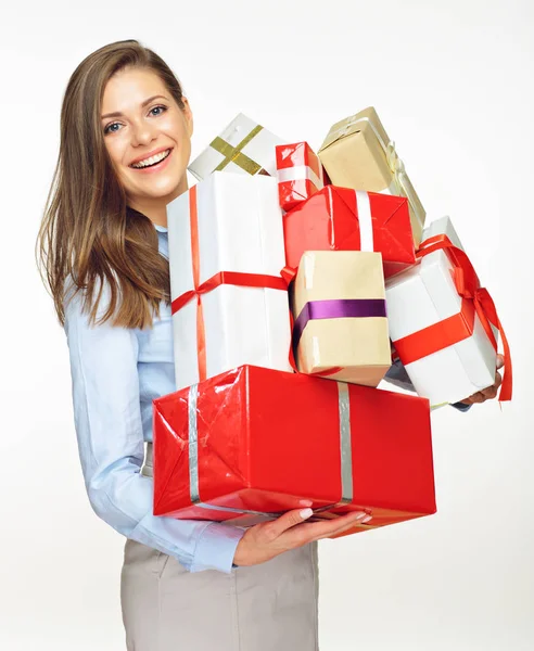 Businesswoman in santa hat holding boxes — Stock Photo, Image