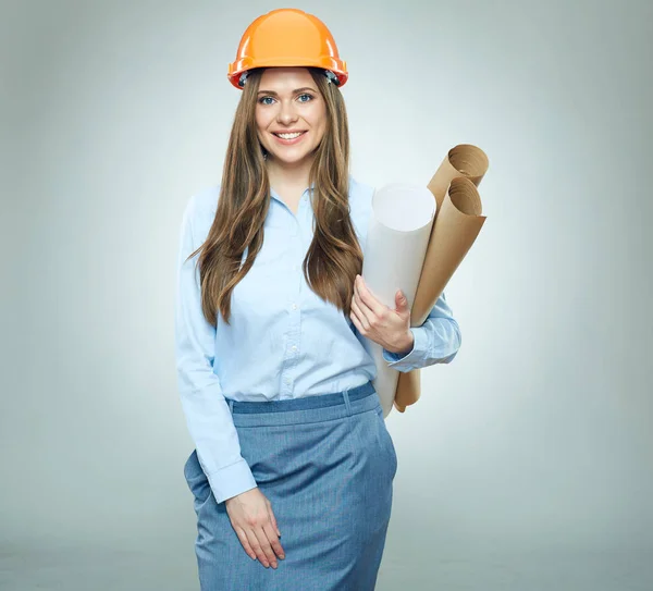 Portrét Usmívající Žena Inženýr Oranžové Ochranné Přilby Modrou Košili Drží — Stock fotografie