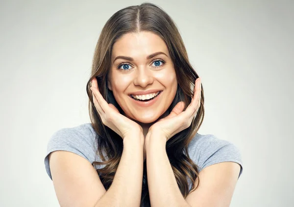 Portrait Happy Smiling Woman Touching Face Looking Camera — Stock Photo, Image