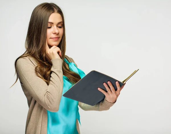 Woman Student Holding Opened Book Hard Examination Concept — Stock Photo, Image