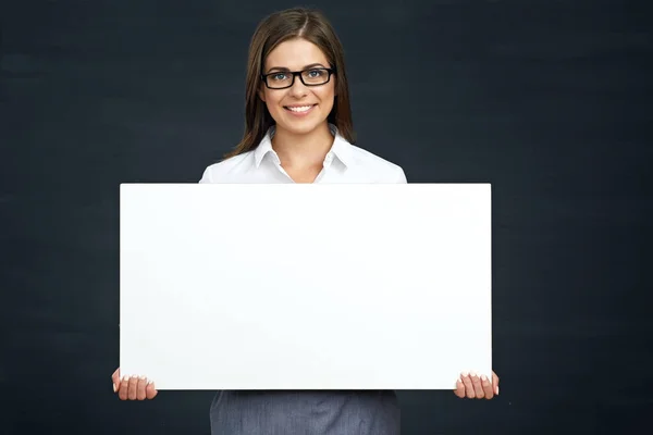 Smiling Businesswoman Eyeglasses Holding Advertising Board — Stock Photo, Image