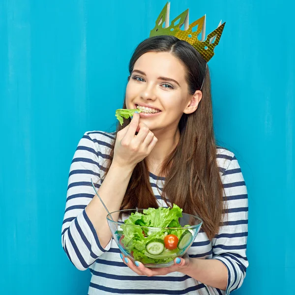 Smiling Young Woman Eating Diet Food Green Salad Hands Healthy — Stock Photo, Image