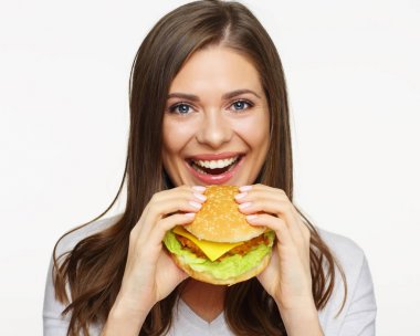 hamburger ısırma kadın yüz yakın çekim portre 