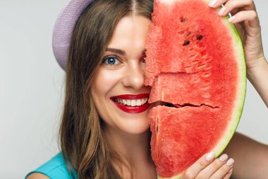 smiling woman with red lips holding big slice of watermelon  clipart