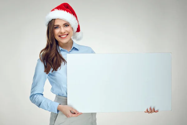 Mavi Gömlek Beyaz Tabela Holding Noel Baba Şapkası Giyen Işkadını — Stok fotoğraf