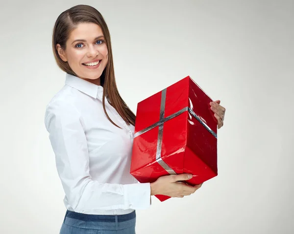 Happy Businesswoman Shirt Holding Paper Red Gift Box — Stock Photo, Image