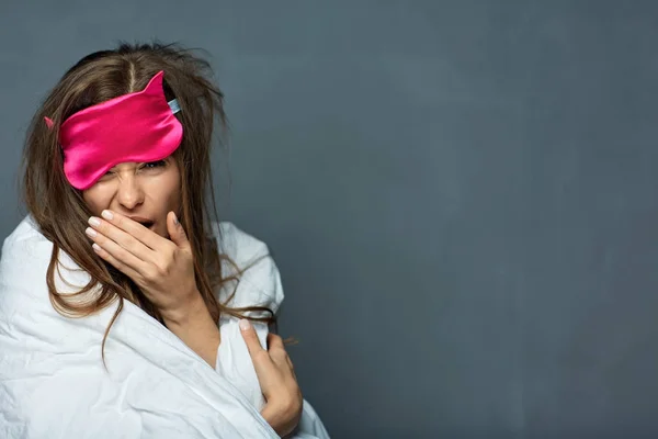 Attractive Woman Blanket Blindfold Eyes Mask Sleep Grey Background — Stock Photo, Image