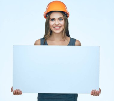 Beyaz adertising bann sunulması gülümseyen iş kadın Oluşturucu