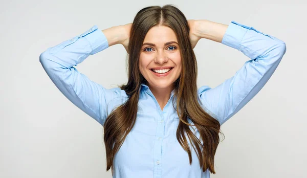 Feliz Sonriente Mujer Vestida Con Blusa Azul Pie Aislado Sobre —  Fotos de Stock