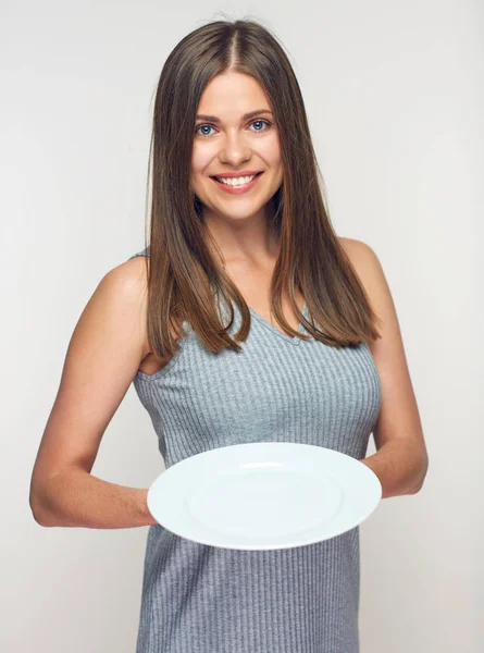 Smiling Woman Grey Dress Holding White Empty Plate — Stock Photo, Image