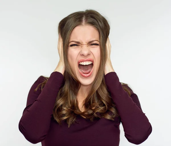 Gezicht Portret Van Schreeuwende Vrouw Geïsoleerd Witte Achtergrond — Stockfoto