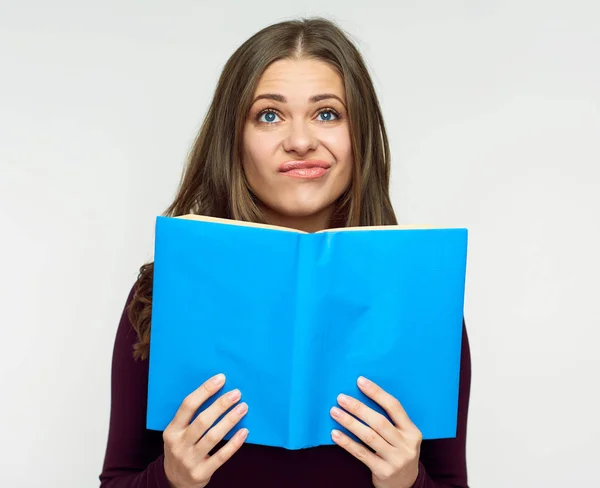 Mulher Estudante Segurando Livro Aberto Conceito Exame Duro — Fotografia de Stock