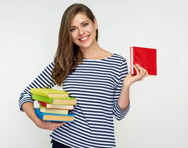 Estudiante Sonriente Mujer Sosteniendo Pila Libros — Foto de Stock