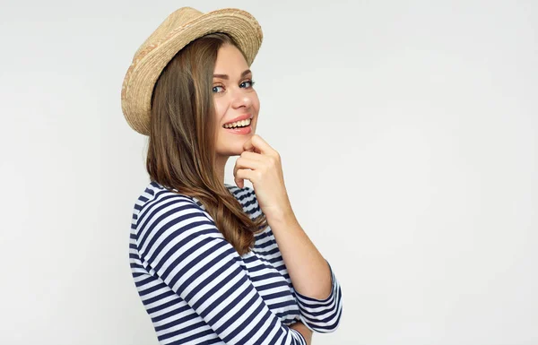 Retrato Estilo Beleza Mulher Sorridente Usando Chapéu Tocando Rosto — Fotografia de Stock