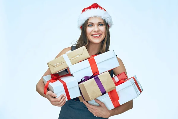 Smiling business woman wearing Christmas Santa hat holding heap — Stock Photo, Image