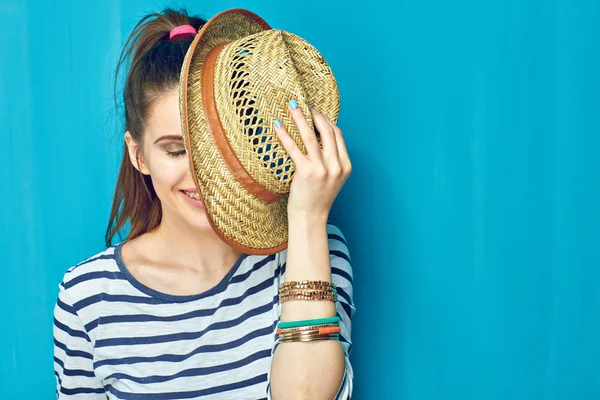 Teenager girl hide face behind hipster hat. — Stock Photo, Image