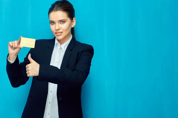 Businesswoman Black Suit Holding Golden Payment Credit Card Showing Thumb — Stock Photo, Image