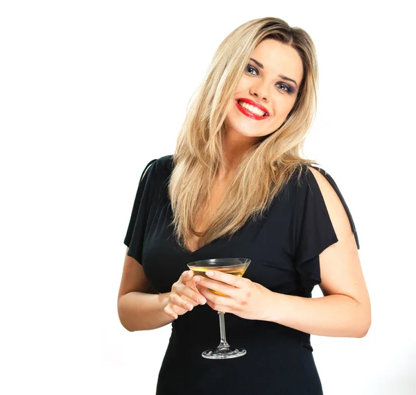 Mooie Jonge Vrouw Zwarte Avondjurk Houden Van Glas Met Champagne — Stockfoto