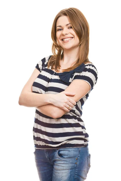 Retrato Mulher Sorridente Feliz Vestida Blusa Listrada Com Braços Cruzados — Fotografia de Stock