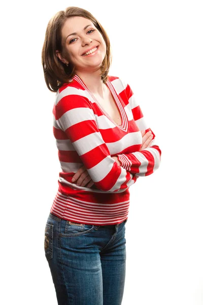 Retrato Mujer Feliz Sonriente Vestida Con Blusa Rayas Aislada Sobre —  Fotos de Stock