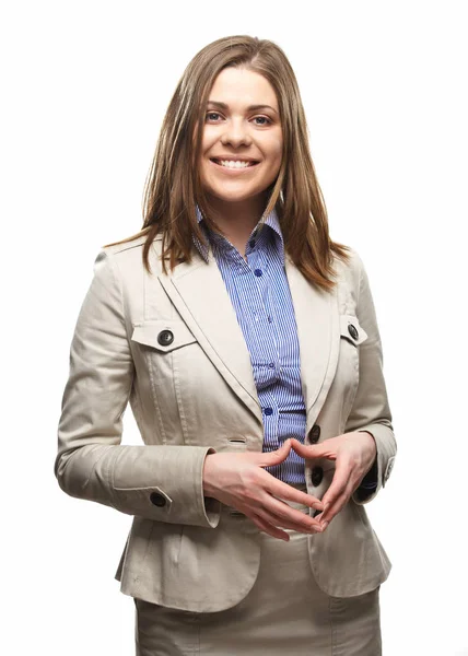 Smiling Businesswoman Folded Hands Isolated White Background — Stock Photo, Image