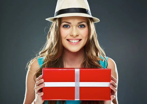 Young Woman Big Toothy Smile Holding Red Gift Box Gray — Stock Photo, Image