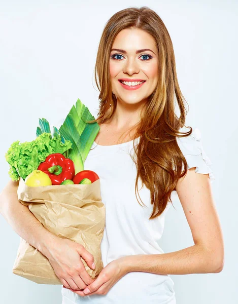 Mulher Segurando Legumes Saco Supermercado Conceito Compras Alimentos — Fotografia de Stock
