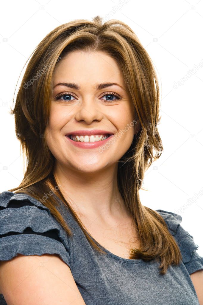 portrait of young beautiful woman smiling and looking at camera isolated on white background