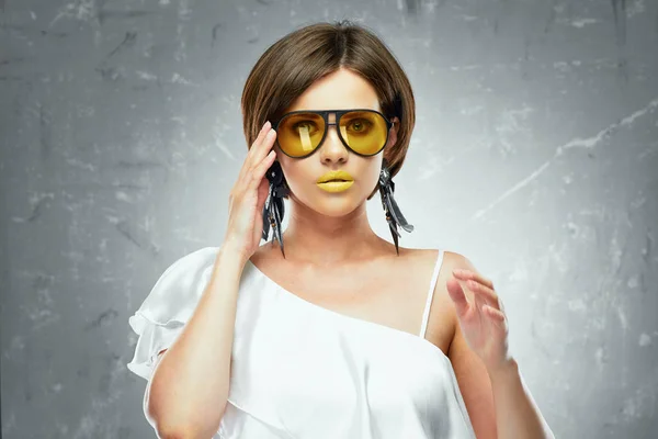 Beautiful Young Model Yellow Lipstick Lips Wearing Sunglasses White Shirt — Stock Photo, Image