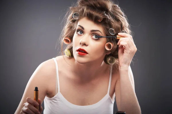 Portrait Young Woman Making Beauty Face Hair Style Applying Mascara — Stock Photo, Image