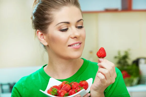 Smiling Woman Eating Strawberry Close Female Face Portrait Healthy Mel — Stock Photo, Image