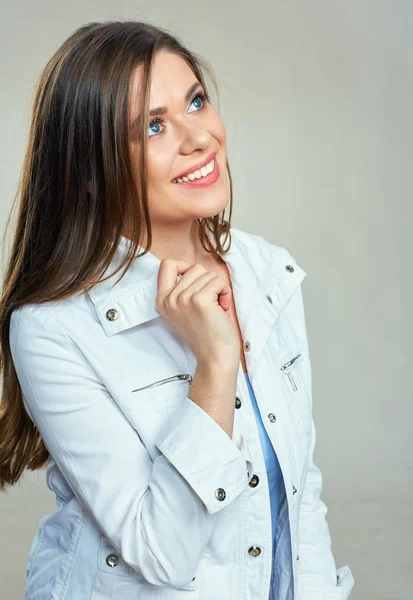 Thinking Woman Long Hair White Jacket Looking — Stock Photo, Image