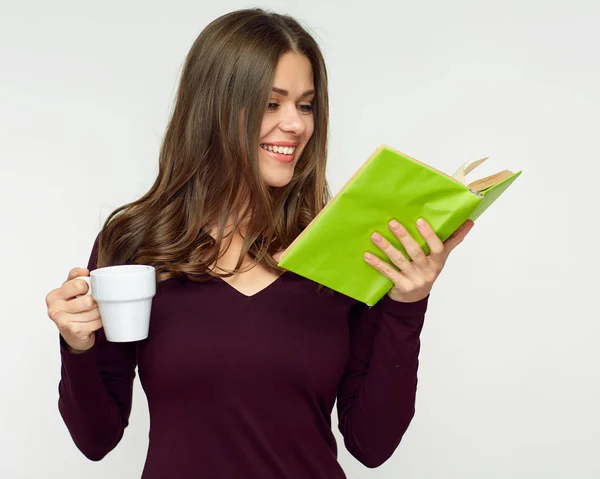 Woman holding open book drink coffee. — Stock Photo, Image