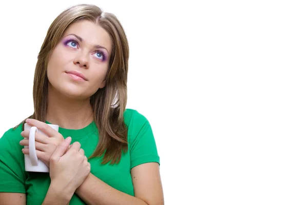 Porträt Einer Schönen Jungen Frau Mit Einer Tasse Kaffee Auf — Stockfoto